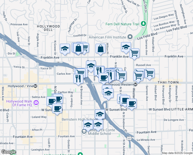 map of restaurants, bars, coffee shops, grocery stores, and more near 1722 N Van Ness Ave in Los Angeles