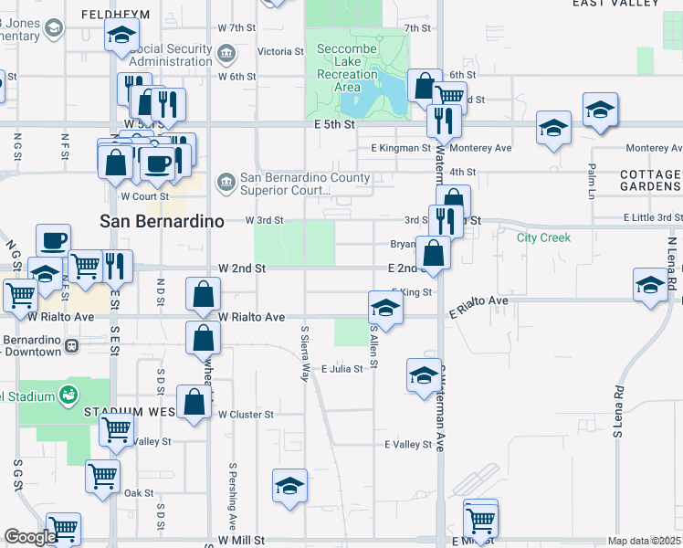 map of restaurants, bars, coffee shops, grocery stores, and more near 155 East 2nd Street in San Bernardino