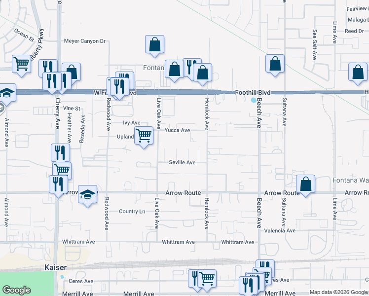 map of restaurants, bars, coffee shops, grocery stores, and more near 8332 Durra Lane in Fontana