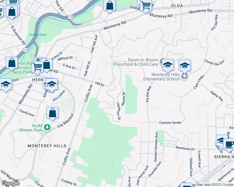 map of restaurants, bars, coffee shops, grocery stores, and more near 1865 Hanscom Drive in South Pasadena