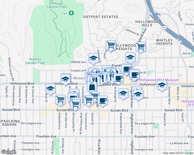 map of restaurants, bars, coffee shops, grocery stores, and more near 1728 El Cerrito Place in Los Angeles