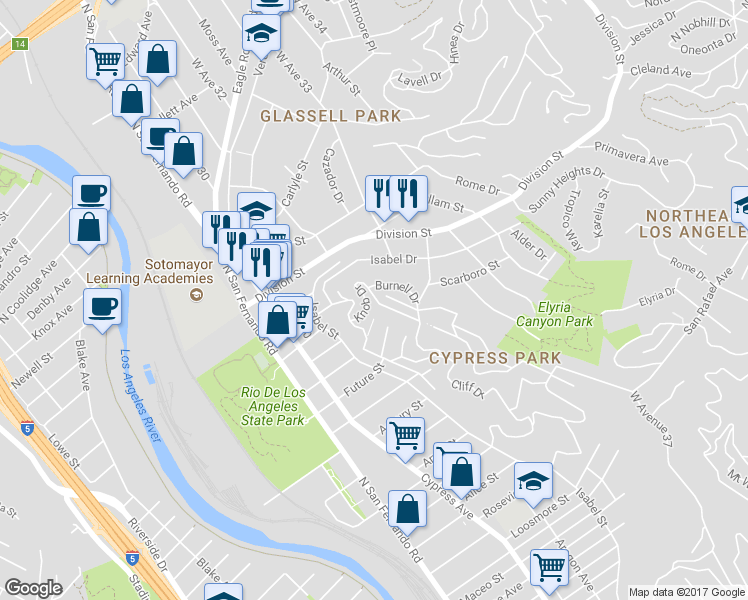 map of restaurants, bars, coffee shops, grocery stores, and more near 1808 Kilbourn Street in Los Angeles