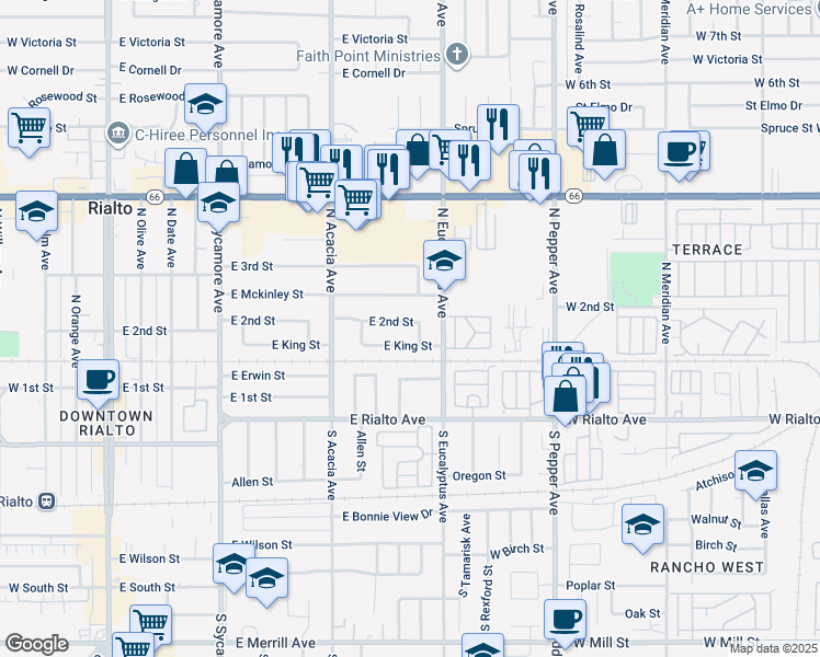 map of restaurants, bars, coffee shops, grocery stores, and more near 627 North Pampas Avenue in Rialto