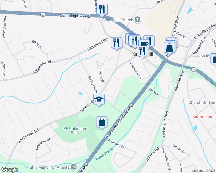 map of restaurants, bars, coffee shops, grocery stores, and more near 1021 Level Creek Road in Buford