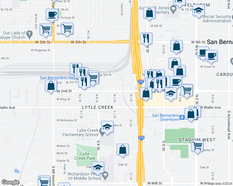 map of restaurants, bars, coffee shops, grocery stores, and more near 995 West 2nd Street in San Bernardino