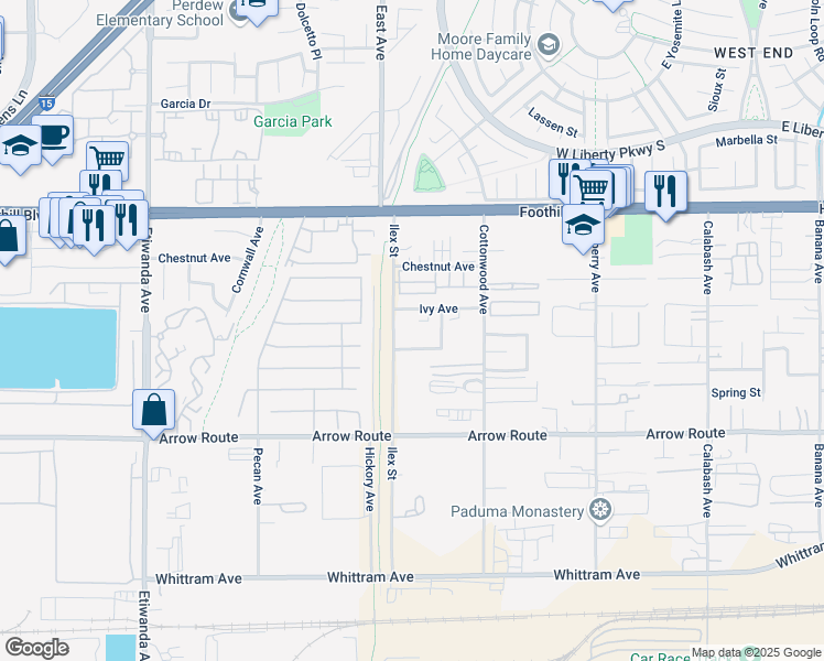 map of restaurants, bars, coffee shops, grocery stores, and more near 8315 Ilex Street in San Bernardino County