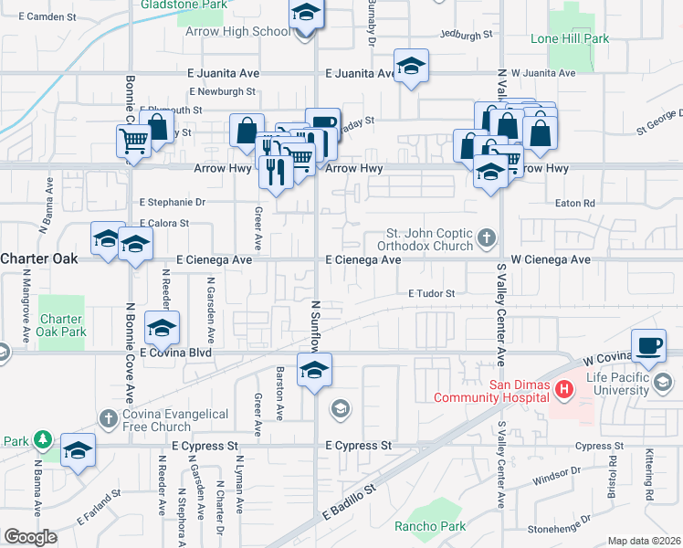 map of restaurants, bars, coffee shops, grocery stores, and more near 21050 East Cienega Avenue in Covina