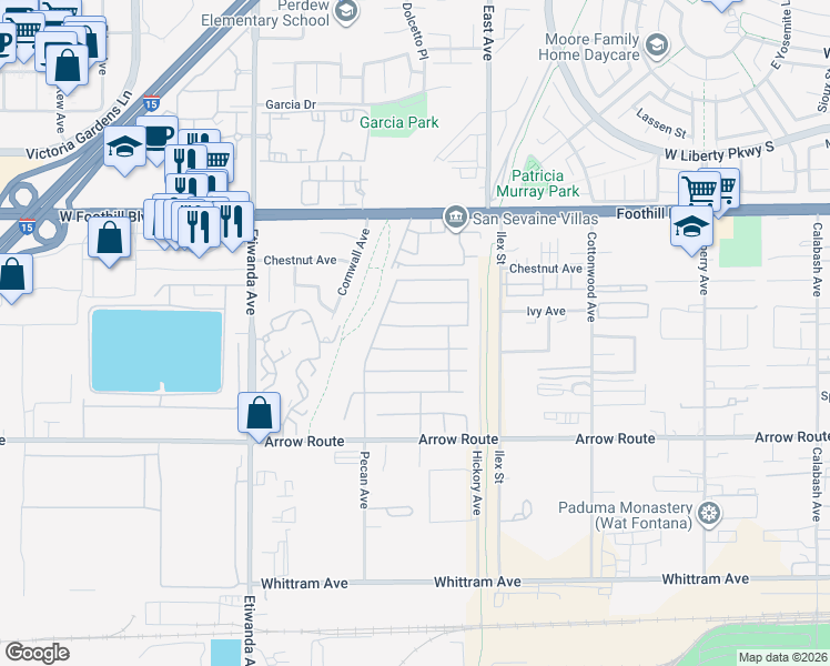 map of restaurants, bars, coffee shops, grocery stores, and more near 13167 Oatman Drive in Rancho Cucamonga