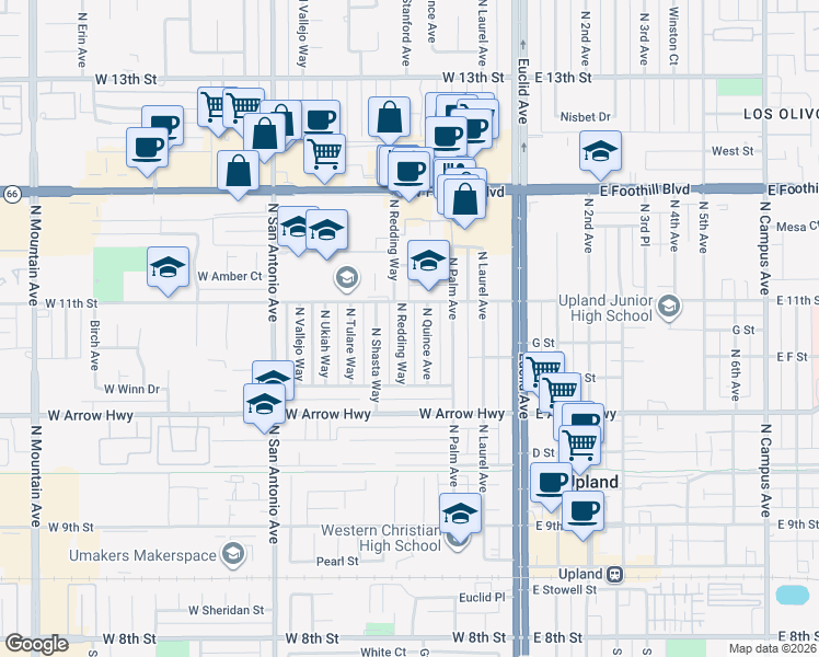 map of restaurants, bars, coffee shops, grocery stores, and more near 730 N Redding Way in Upland