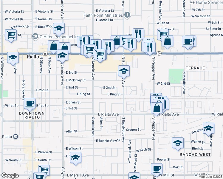 map of restaurants, bars, coffee shops, grocery stores, and more near 627 North Pampas Avenue in Rialto