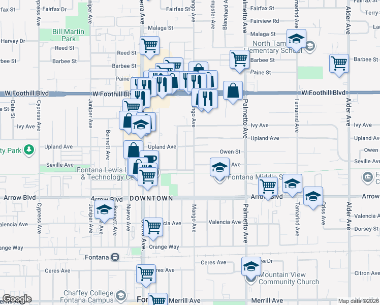 map of restaurants, bars, coffee shops, grocery stores, and more near 8322 Mango Avenue in Fontana