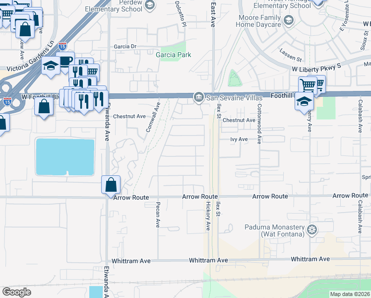 map of restaurants, bars, coffee shops, grocery stores, and more near 13167 Oatman Drive in Rancho Cucamonga