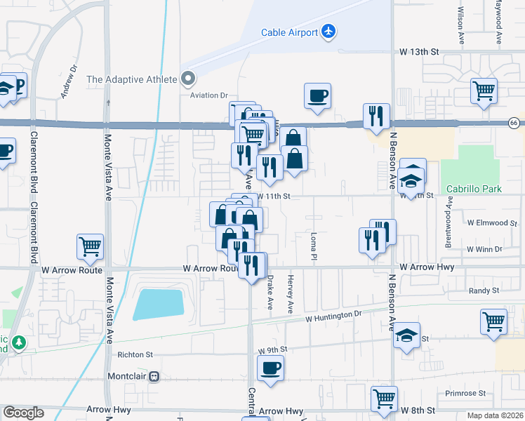 map of restaurants, bars, coffee shops, grocery stores, and more near in Upland