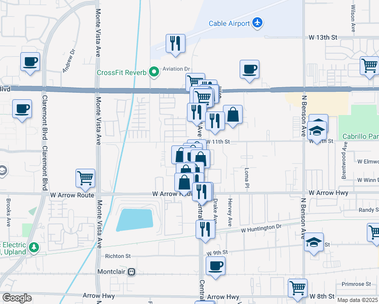 map of restaurants, bars, coffee shops, grocery stores, and more near 755b North Central Avenue in Upland