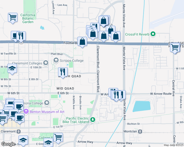 map of restaurants, bars, coffee shops, grocery stores, and more near in Claremont