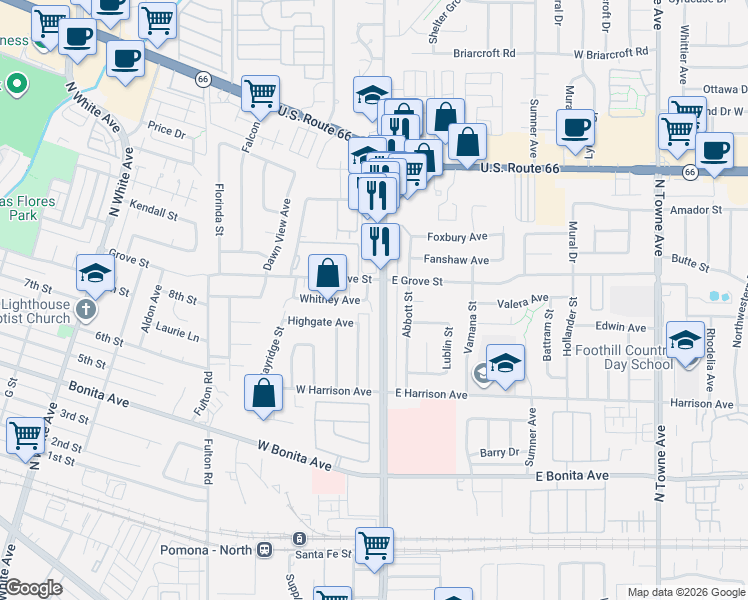 map of restaurants, bars, coffee shops, grocery stores, and more near in Pomona