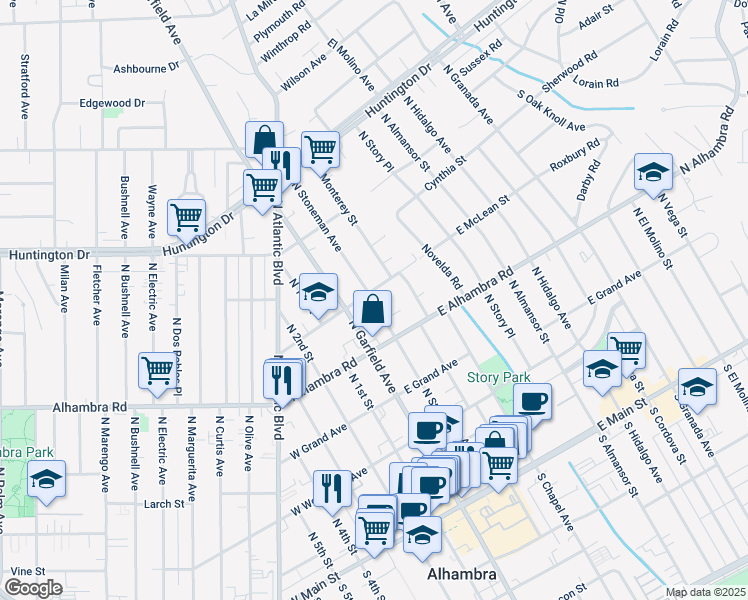 map of restaurants, bars, coffee shops, grocery stores, and more near 721 North Stoneman Avenue in Alhambra