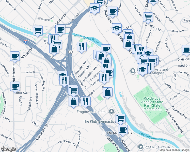 map of restaurants, bars, coffee shops, grocery stores, and more near 2816 Denby Avenue in Los Angeles