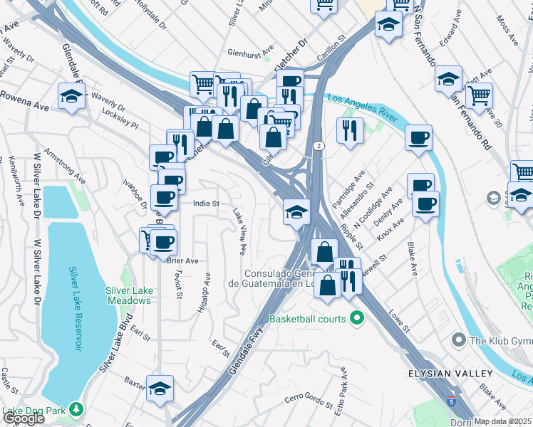 map of restaurants, bars, coffee shops, grocery stores, and more near 2639 Riverside Terrace in Los Angeles
