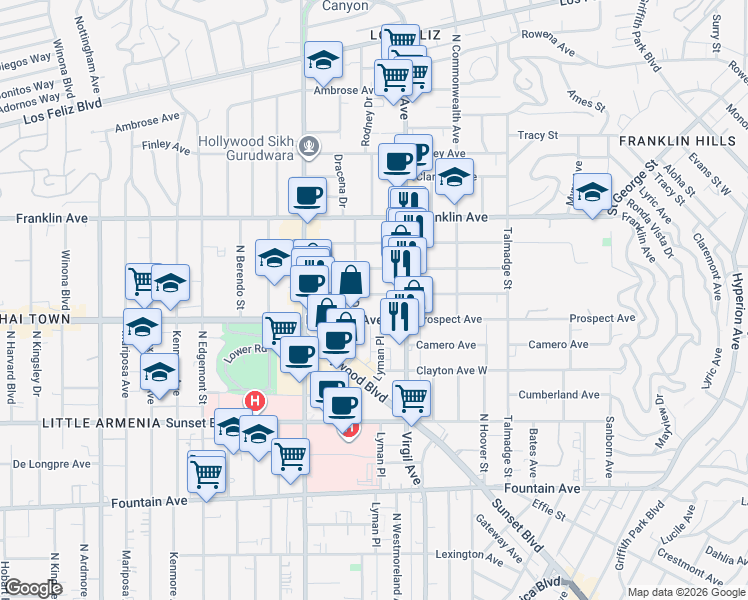 map of restaurants, bars, coffee shops, grocery stores, and more near 4530 Kingswell Avenue in Los Angeles