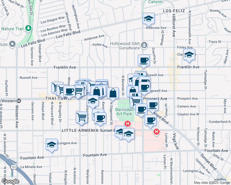 map of restaurants, bars, coffee shops, grocery stores, and more near 1724 North Edgemont Street in Los Angeles