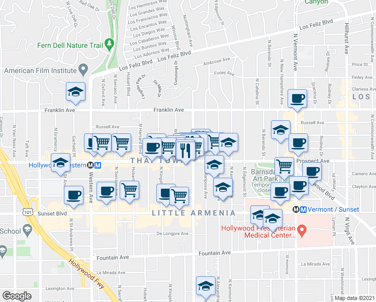 map of restaurants, bars, coffee shops, grocery stores, and more near in Los Angeles