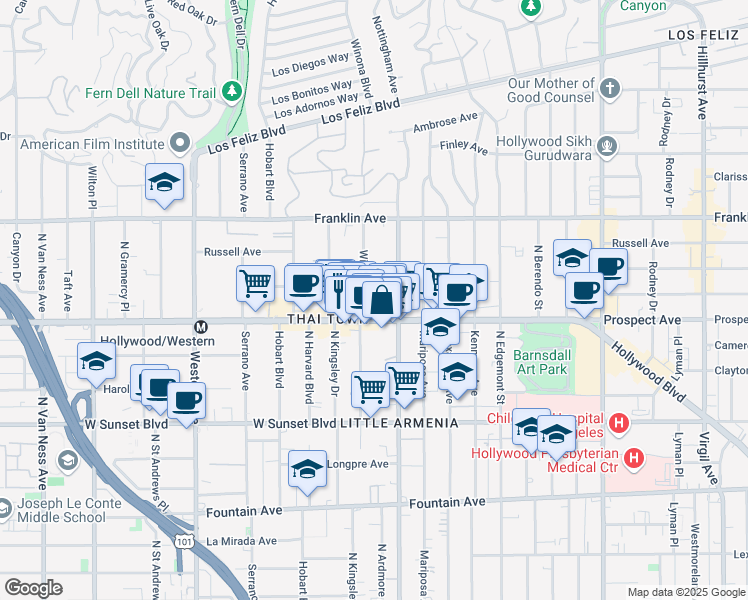 map of restaurants, bars, coffee shops, grocery stores, and more near 1723 Winona Boulevard in Los Angeles