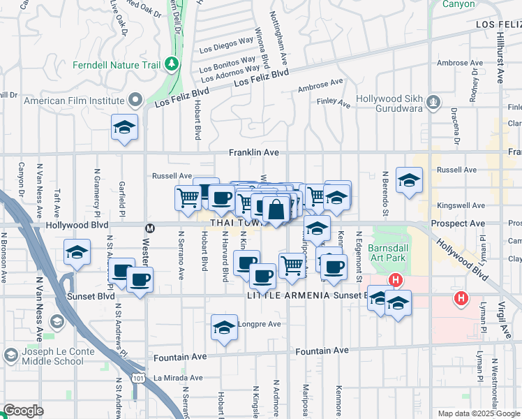 map of restaurants, bars, coffee shops, grocery stores, and more near in Los Angeles