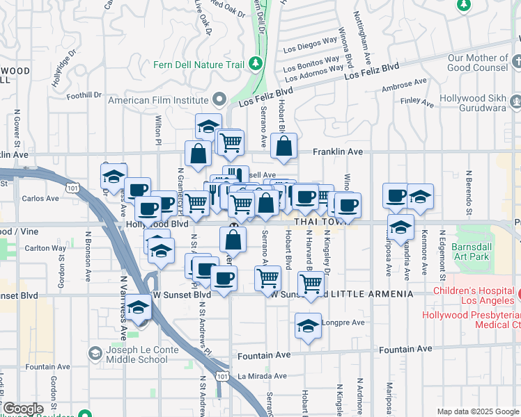 map of restaurants, bars, coffee shops, grocery stores, and more near 5429 Hollywood Boulevard in Los Angeles