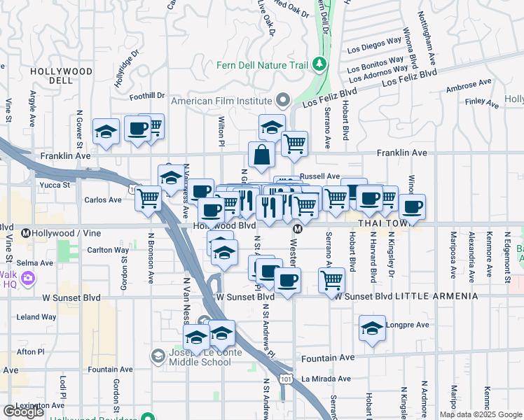 map of restaurants, bars, coffee shops, grocery stores, and more near 1723 Garfield Place in Los Angeles