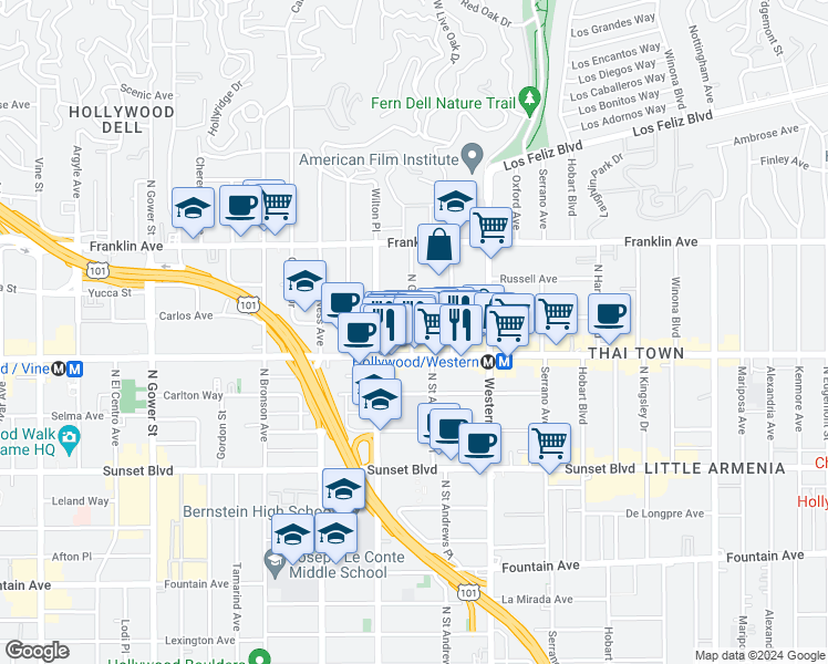 map of restaurants, bars, coffee shops, grocery stores, and more near 5628 West Observation Lane in Los Angeles
