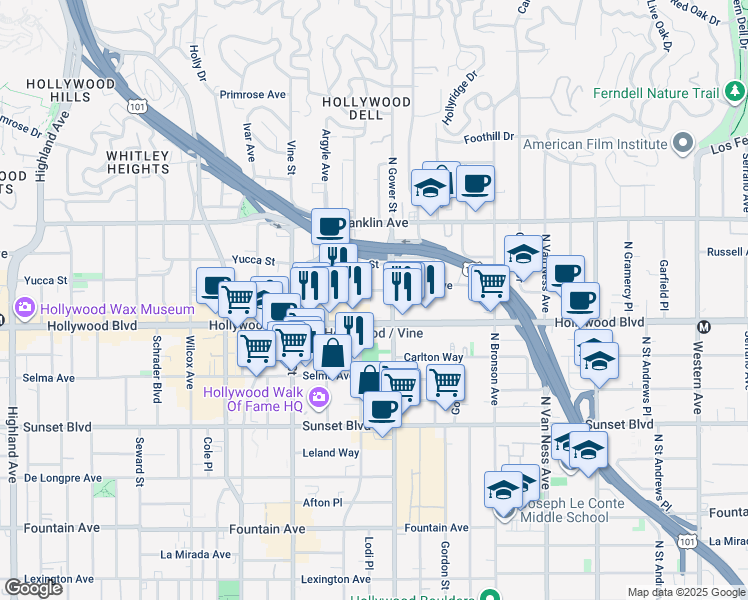map of restaurants, bars, coffee shops, grocery stores, and more near 6118 Carlos Avenue in Los Angeles