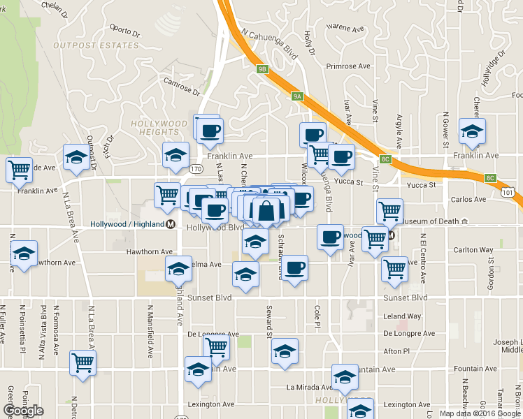 map of restaurants, bars, coffee shops, grocery stores, and more near 1727 Whitley Avenue in Los Angeles