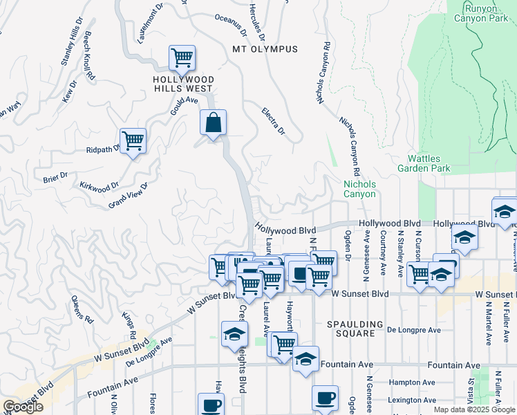 map of restaurants, bars, coffee shops, grocery stores, and more near 1720 Laurel Canyon Boulevard in Los Angeles
