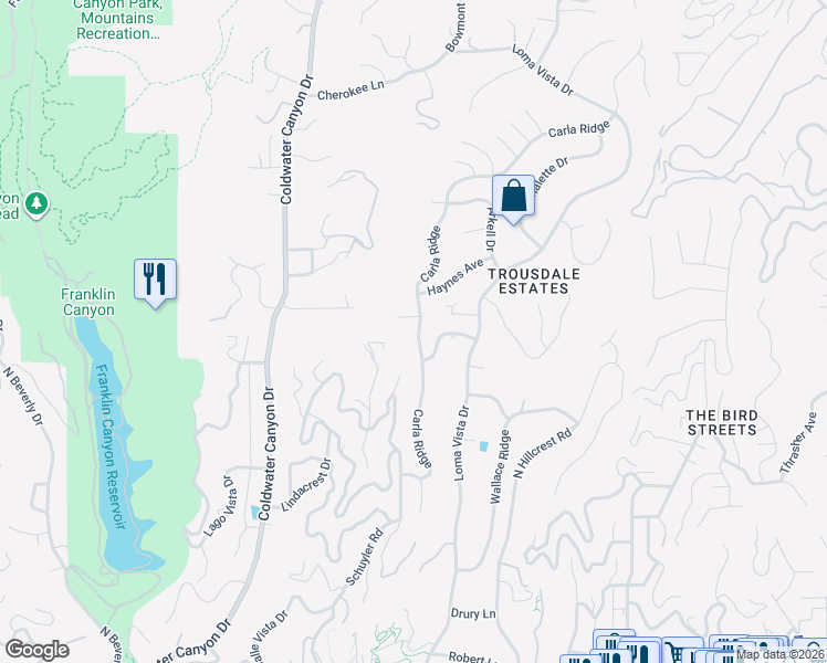 map of restaurants, bars, coffee shops, grocery stores, and more near 1555 Carla Ridge in Beverly Hills