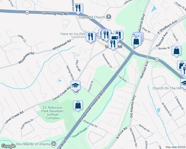 map of restaurants, bars, coffee shops, grocery stores, and more near 4925 Cold Creek Court in Sugar Hill