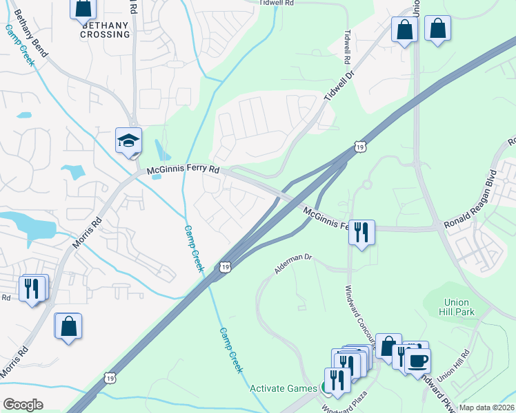 map of restaurants, bars, coffee shops, grocery stores, and more near 3905 Fairhill Point in Alpharetta
