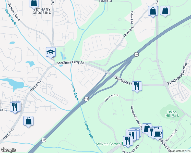 map of restaurants, bars, coffee shops, grocery stores, and more near 13256 Warrensville Cove in Alpharetta