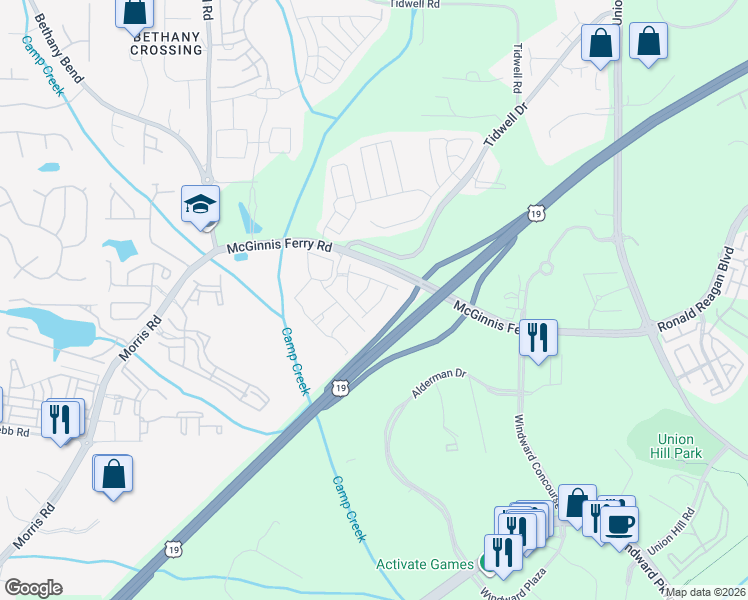 map of restaurants, bars, coffee shops, grocery stores, and more near 13248 Warrensville Cove in Alpharetta