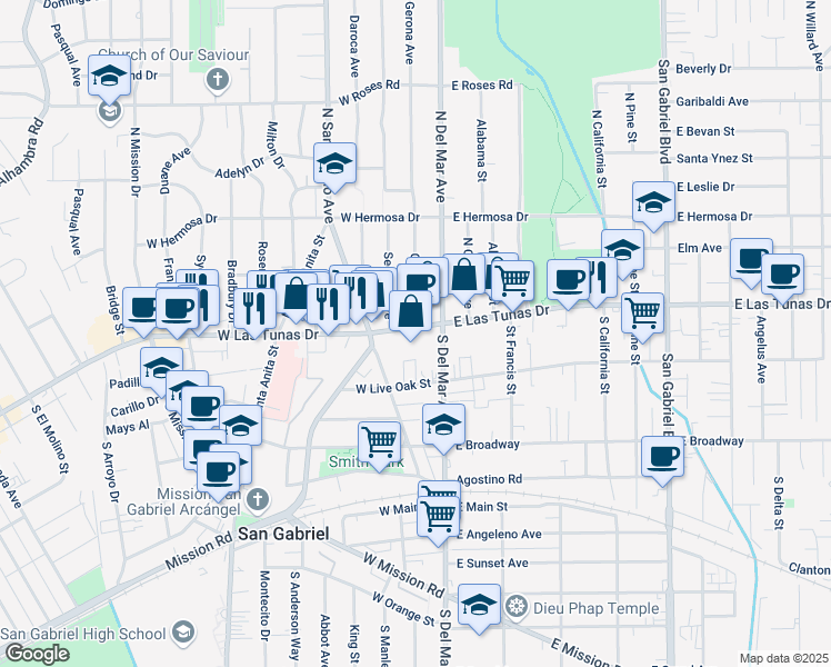 map of restaurants, bars, coffee shops, grocery stores, and more near 120 West Las Tunas Drive in San Gabriel
