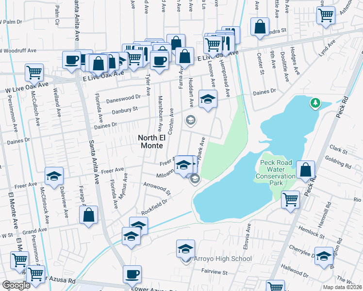 map of restaurants, bars, coffee shops, grocery stores, and more near 5330 Farna Avenue in Arcadia