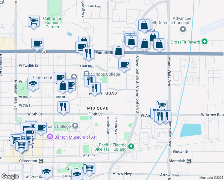 map of restaurants, bars, coffee shops, grocery stores, and more near 500 East 9th Street in Claremont