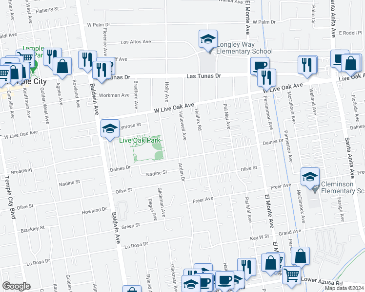map of restaurants, bars, coffee shops, grocery stores, and more near 5527 Hallowell Avenue in Arcadia