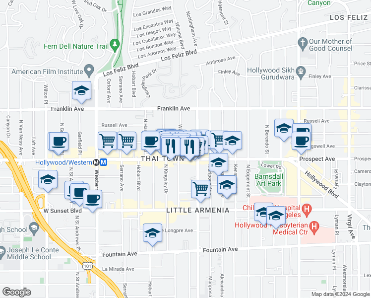 map of restaurants, bars, coffee shops, grocery stores, and more near 1722 Winona Boulevard in Los Angeles