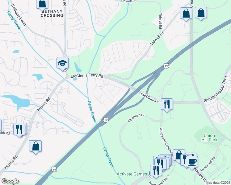 map of restaurants, bars, coffee shops, grocery stores, and more near 13248 Warrensville Cove in Alpharetta