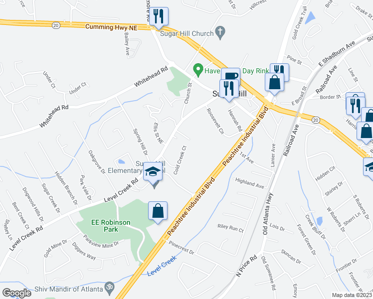map of restaurants, bars, coffee shops, grocery stores, and more near 4925 Cold Creek Court in Sugar Hill