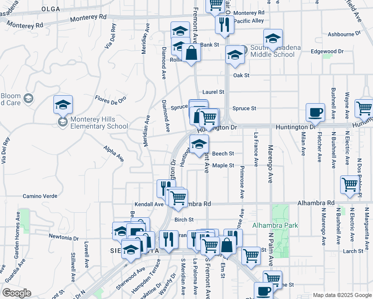 map of restaurants, bars, coffee shops, grocery stores, and more near 1245 Huntington Drive in South Pasadena