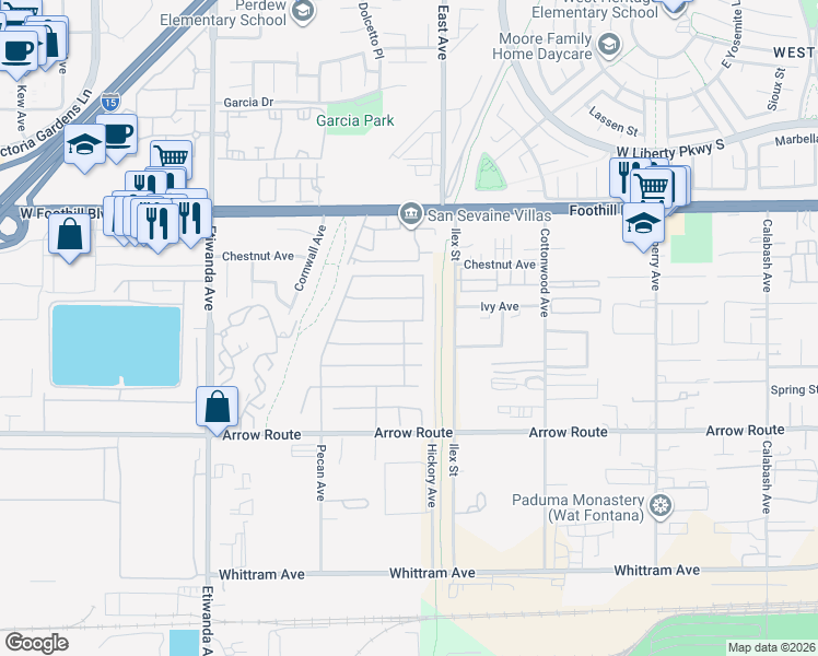 map of restaurants, bars, coffee shops, grocery stores, and more near 13237 Oatman Drive in Rancho Cucamonga