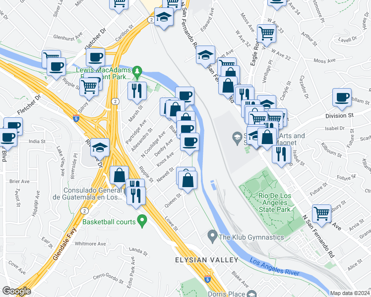 map of restaurants, bars, coffee shops, grocery stores, and more near 2029 Blake Avenue in Los Angeles