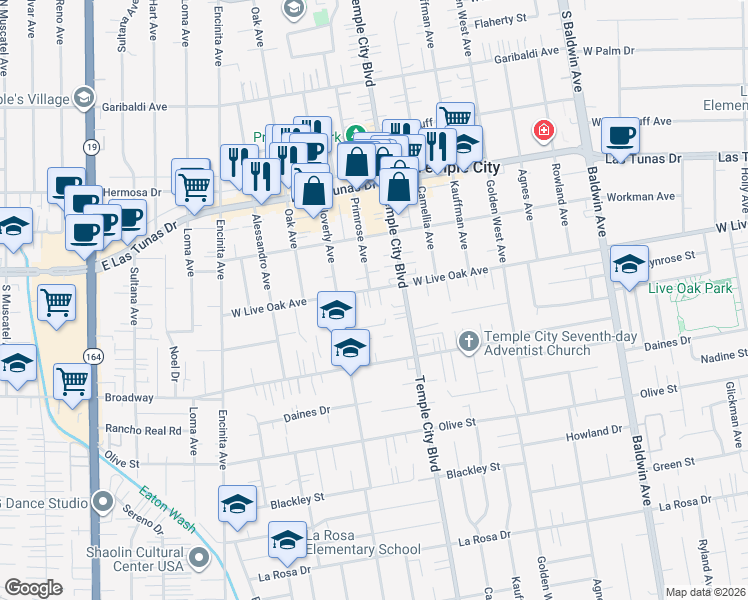 map of restaurants, bars, coffee shops, grocery stores, and more near 9528 Live Oak Avenue in Temple City